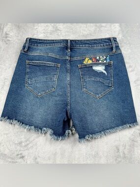 Driftwood Embroidered Lulu Denim Shorts Womens 29 Floral Boho Festival Raw Hem